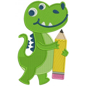 Little Dino Holding a Pencil School Filled Machine Embroidery Design Digitized Pattern